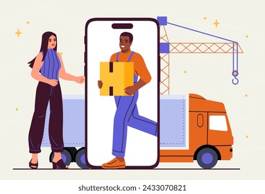 Loader service concept. Woman near smartphone with man with cardboard box. Courier near client. Shipping and transportation. Cartoon flat vector illustration isolated on white background