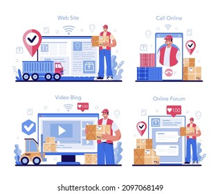 Loader service online service or platform set. Stevedore carrying a cargo. Delivery man holding box. Transportation and distribution. Online call, forum, video blog, website. Flat vector illustration