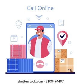 Loader service online service or platform. Stevedore carrying a cargo. Delivery man holding box. Transportation and distribution. Online call. Flat vector illustration