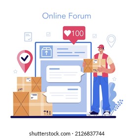 Loader service online service or platform. Stevedore carrying a cargo. Delivery man holding box. Transportation and distribution. Online forum. Flat vector illustration