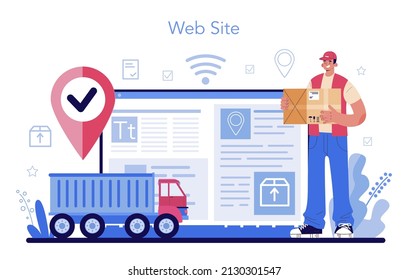 Loader service online service or platform. Stevedore carrying a cargo. Delivery man holding box. Transportation and distribution. Website. Flat vector illustration