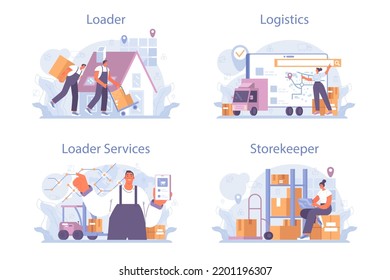 Loader service set. Storekeeper in uniform carrying a cargo. Delivery man holding box. Idea of transportation and logistics. Flat vector illustration