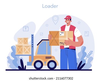 Loader service. Stevedore in uniform carrying a cargo. Delivery man holding box. Idea of transportation and distribution. Flat vector illustration