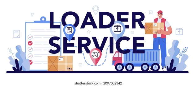 Encabezado tipográfico del servicio de carga. Stevedore con uniforme que lleva una carga. Casilla de retenes del repartidor. Idea de transporte y distribución. Ilustración vectorial plana