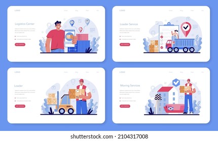 Banner web del servicio de carga o conjunto de páginas de inicio. Stevedore con uniforme que lleva una carga. Casilla de retenes del repartidor. Idea de transporte y distribución. Ilustración vectorial plana
