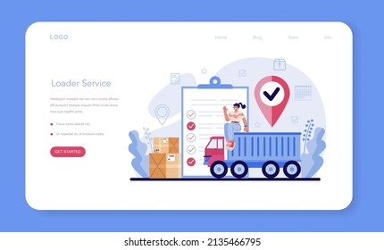 Loader service web banner or landing page. Stevedore in uniform carrying a cargo. Delivery man holding box. Idea of transportation and distribution. Flat vector illustration