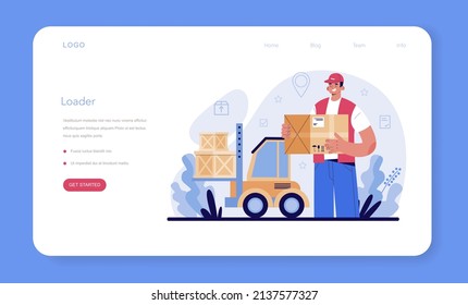 Loader service web banner or landing page. Stevedore in uniform carrying a cargo. Delivery man holding box. Idea of transportation and distribution. Flat vector illustration