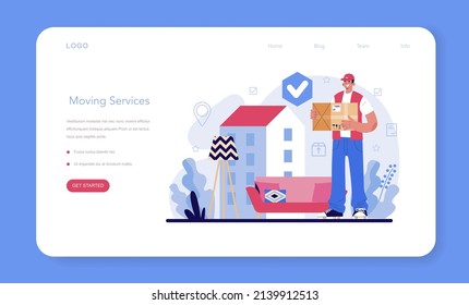 Loader service web banner or landing page. Stevedore in uniform carrying a cargo. Delivery man holding box. Idea of house moving service. Flat vector illustration