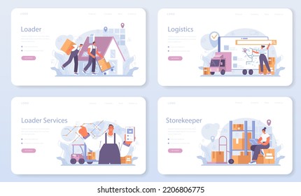 Loader service web banner or landing page set. Storekeeper in uniform carrying a cargo. Delivery man holding box. Idea of transportation and logistics. Flat vector illustration