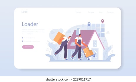 Loader service web banner or landing page. Storekeeper in uniform carrying a cargo. Delivery man holding box. Idea of transportation and logistics. Flat vector illustration