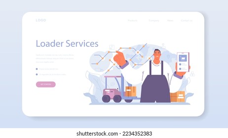 Loader service web banner or landing page. Storekeeper in uniform carrying a cargo. Delivery man holding box. Idea of transportation and logistics. Flat vector illustration