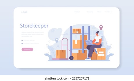 Loader service web banner or landing page. Storekeeper in uniform carrying a cargo. Delivery man holding box. Idea of transportation and logistics. Flat vector illustration