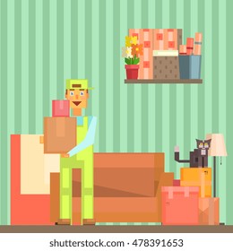 Loader Taking Out Packed Boxes From The Room Pixelated Illustration