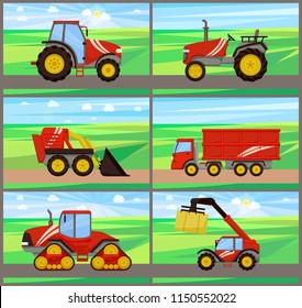Loader and tractor agriculture machinery vector. Grain truck and baler. bale stacker and excavator loader. Transportation and cultivation devices