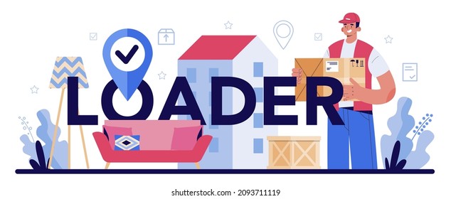 Loader typographic header. Stevedore in uniform carrying a cargo. Delivery man holding box. Idea of transportation and distribution. Flat vector illustration
