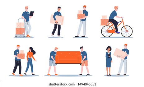 Loader in uniform carrying things set. Delivery man holding box. Transportation service concept. Isolated flat illustration vector