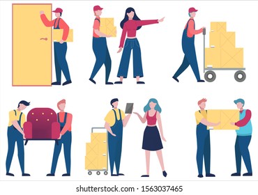 Loader in uniform carrying things set. Delivery man holding box. Transportation service concept. Isolated flat illustration vector