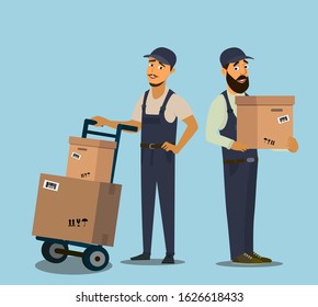 Loader in uniform holding box.Professional Forklift Delivery Company. Delivery service. Vector illustration in flat style.