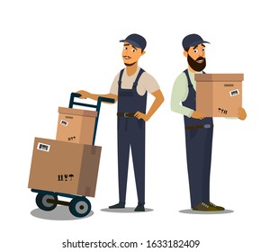 Loader in uniform holding box.Professional Forklift Delivery Company. Delivery service. Vector illustration in flat style.
