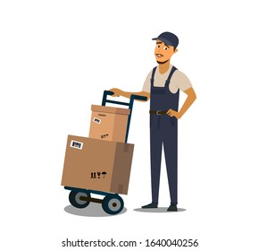 Loader in uniform holding box.Professional Forklift Delivery Company. Delivery service. Vector illustration in flat style.