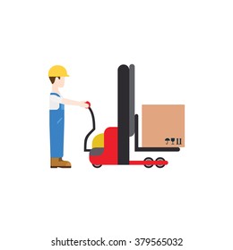 Loader in uniform using manual fork lift to load box crate. Flat style creative web site vector illustration.