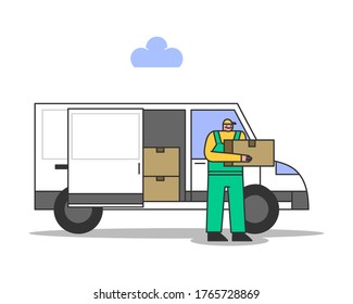 Loader unload goods from truck. Delivery service and home moving concept. Courier or postman deliver parcel from warehouse. Shipment and transportation. Flat vector illustration