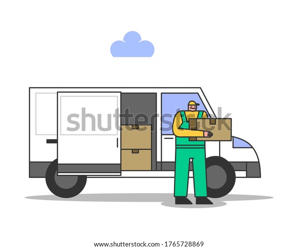 Loader unload\
goods from truck. Delivery service and home moving concept. Courier\
or postman deliver parcel from warehouse. Shipment and\
transportation. Flat vector\
illustration
