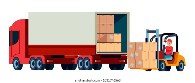 Loader unloads cargo from truck. Delivery service and moving concept. Logistic transportation forklift and trucks with cardboard boxes. Warehouse worker moving container vector flat style illustration