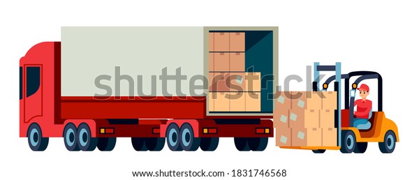 Loader unloads cargo from truck. Delivery\
service and moving concept. Logistic transportation forklift and\
trucks with cardboard boxes. Warehouse worker moving container\
vector flat style\
illustration