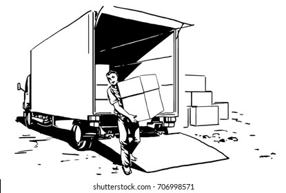 Loader unloads freight car. porter brings a boxes, unloading a lorry, delivery black and white vector sketch drawing