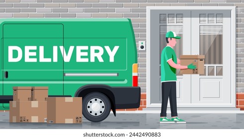 Loader unloads the goods from van. Fast and free delivery service in city. Courier with parcel box. Male mover, paper cardboard boxes with goods. Cargo and logistic. Cartoon flat vector illustration