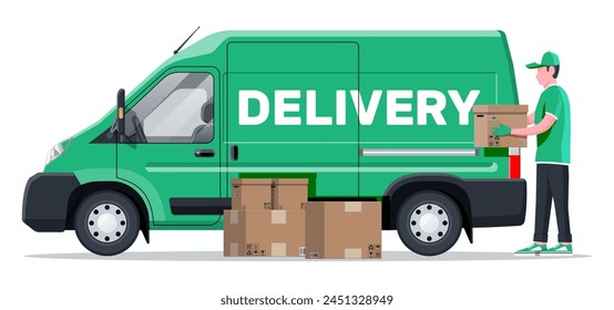 Loader unloads the goods from van. Fast and free delivery service in city. Courier with parcel box. Male mover, paper cardboard boxes with goods. Cargo and logistic. Cartoon flat vector illustration