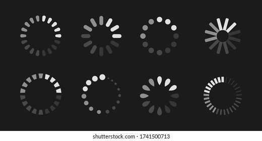 Loader vector icon in circle button. Loading sign isolated on black background, symbol for upload and download round process.