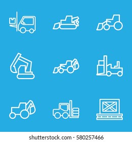 loader vector icons. Set of 9 loader outline icons such as forklift, excavator