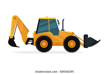 Loader vector illustration. Flat design. Heavy construction machine for earthworks. Illustration for building concepts, city works infographics, icons or web design. Isolated on white background
