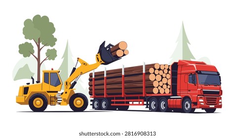 Loader vehicle loading heavy wood logs onto a large red timber delivery truck in forest background.