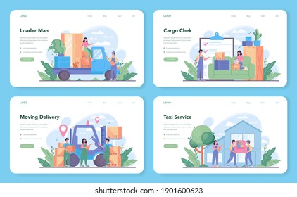 Banner web del cargador o conjunto de páginas de inicio. Trabajador con cajas de carga uniformadas. Casilla de retenes del repartidor. Transporte de carga, servicio de traslado a casa. Vector de ilustración plana aislado