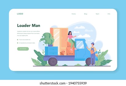 Loader web banner or landing page. Worker in uniform carrying boxes set.