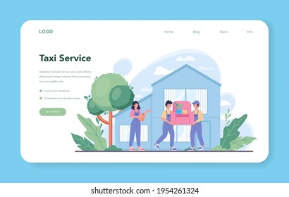 Loader web banner or landing page. Worker in uniform carrying boxes set.