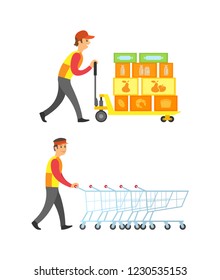 Loader worker man with boxes and containers vector. Person working in supermarket arranging shopping trolleys empty carts of metal. Delivery service