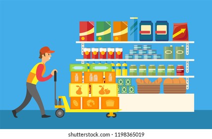 Loader Working In Supermarket Merchandiser Profession Vector. Merchandiser With Container And Boxes With New Delivery Of Store Goods And Shop Products