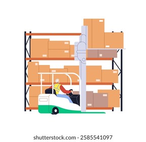 Loader works in warehouse, lifts boxes on racks with forklift. Storage worker in reflective vest, helmet carries cardboard packages on shelves with lifter. Flat isolated vector illustration on white