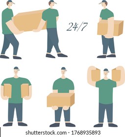 Loaders with cardboard boxes. Delivery team. The theme of movement, transportation and delivery of goods and cargo. Help in moving the house