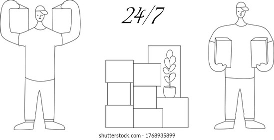 Loaders with cardboard boxes. Delivery team. The theme of movement, transportation and delivery of goods and cargo. Help in moving the house