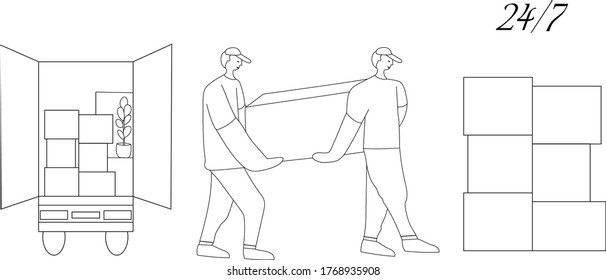 Loaders with cardboard boxes. Delivery team. The theme of movement, transportation and delivery of goods and cargo. Help in moving the house