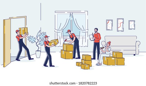 Loaders carry boxes in new home living room while house moving process. Delivery men and couriers uploading during relocation service. Cartoon linear vector illustration