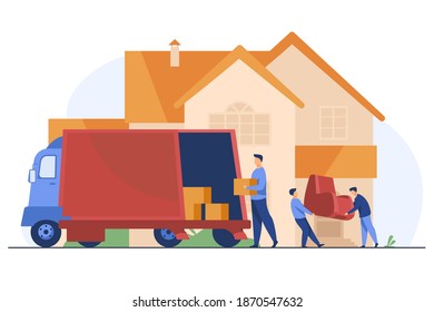 Loaders carrying armchair and boxes in new house. Belonging, van, worker flat vector illustration. Relocation or transportation concept for banner, website design or landing web page