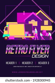 Loaders carrying armchair and boxes in new house. Belonging, van, worker flat vector illustration. Relocation or transportation concept for banner, website design or landing web page
