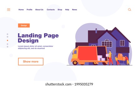 Loaders carrying armchair and boxes in new house. Belonging, van, worker flat vector illustration. Relocation or transportation concept for banner, website design or landing web page