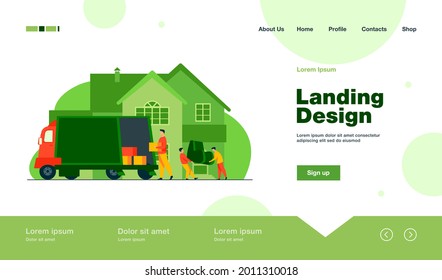 Loaders carrying armchair and boxes in new house. Belonging, van, worker flat vector illustration. Relocation or transportation concept for banner, website design or landing web page